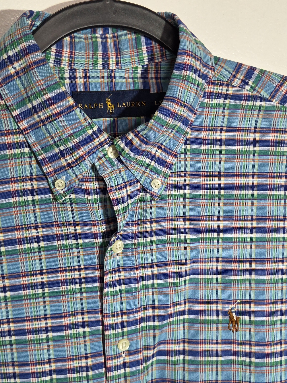 Polo Ralph Lauren Oxford Shirt Mens Large Blue Plaid Fleah Pony Long Sleeve